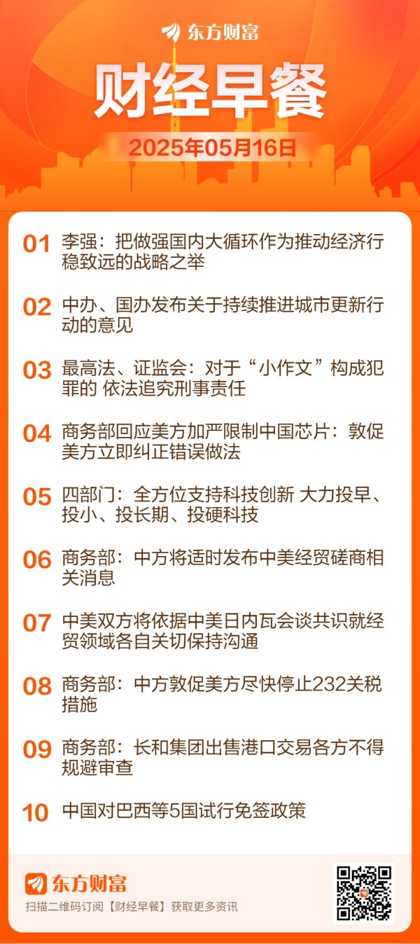 十大证券公司的排名 东方财富财经早餐 5月16日周五